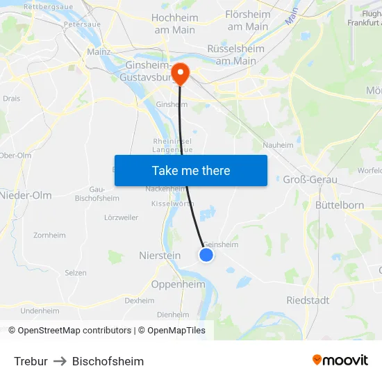 Trebur to Bischofsheim map