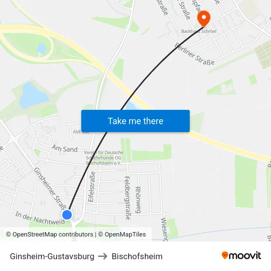 Ginsheim-Gustavsburg to Bischofsheim map