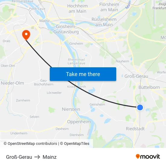 Groß-Gerau to Mainz map