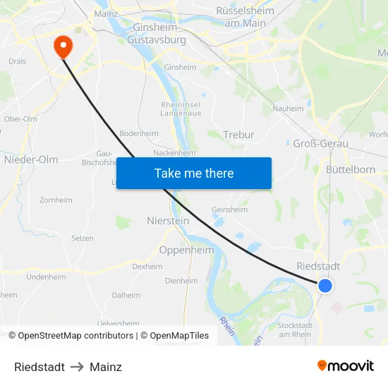 Riedstadt to Mainz map