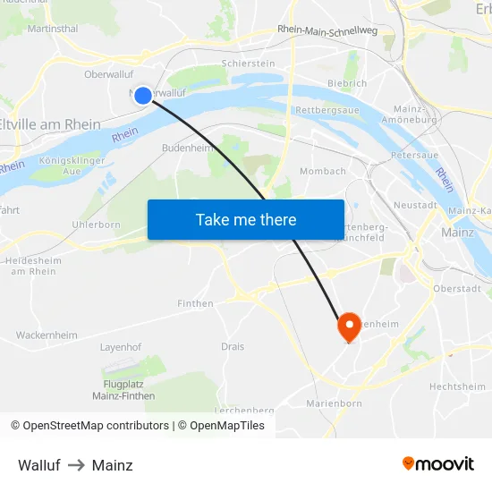 Walluf to Mainz map