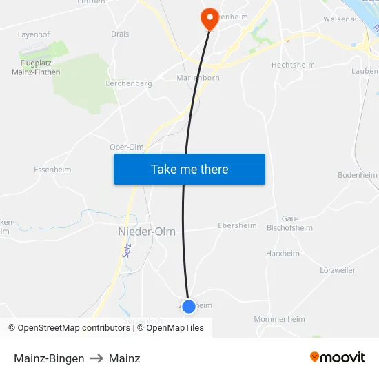 Mainz-Bingen to Mainz map