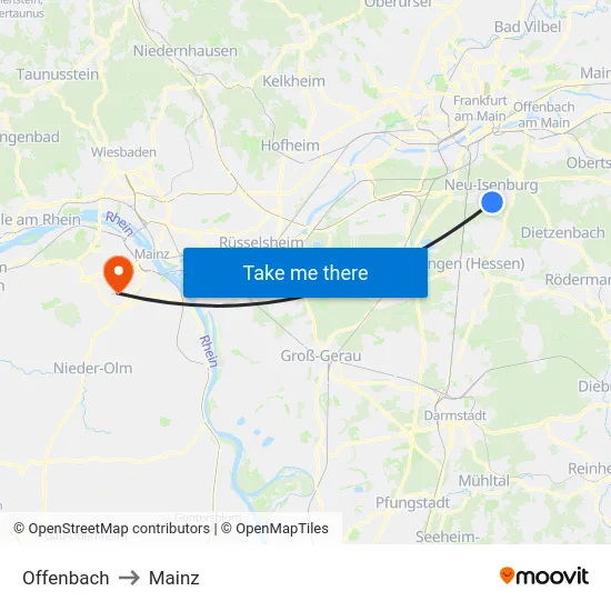 Offenbach to Mainz map