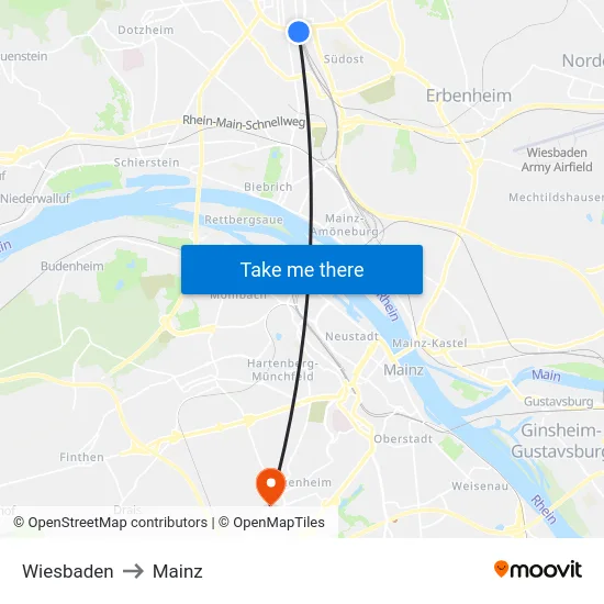 Wiesbaden to Mainz map