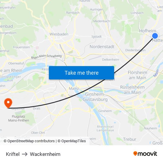 Kriftel to Wackernheim map