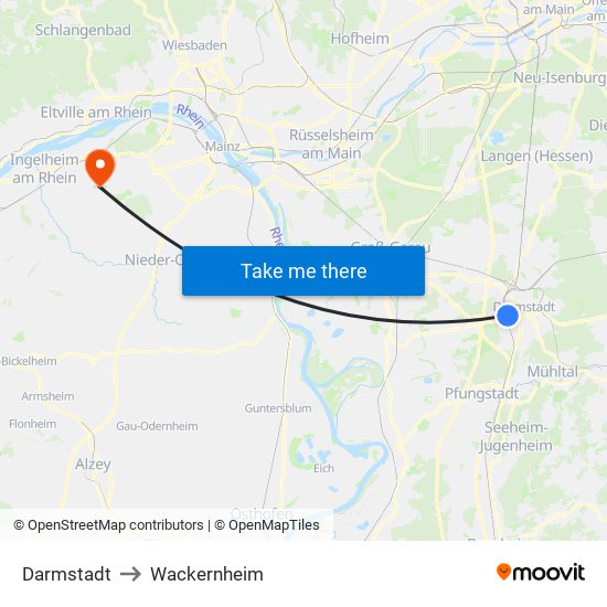 Darmstadt to Wackernheim map