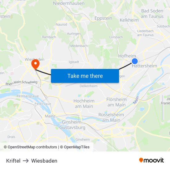 Kriftel to Wiesbaden map