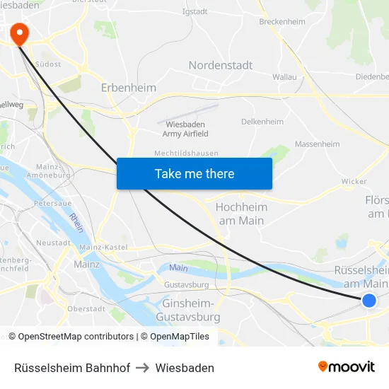Rüsselsheim Bahnhof to Wiesbaden map