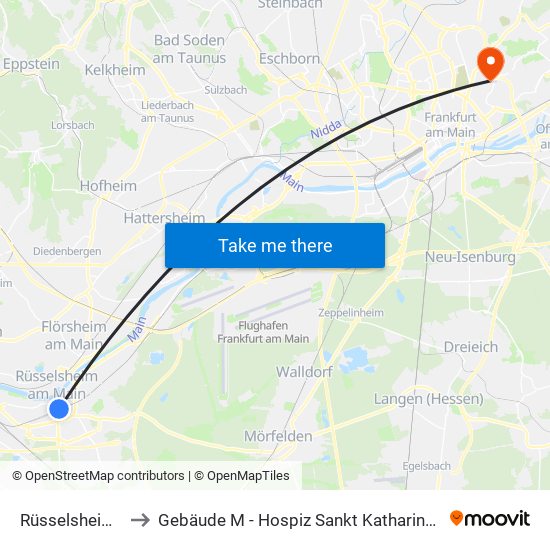 Rüsselsheim Bahnhof to Gebäude M - Hospiz Sankt Katharina / Krankenpflegeschule map