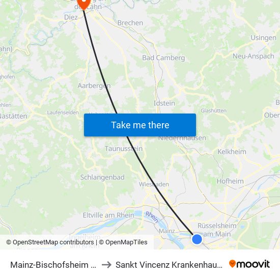 Mainz-Bischofsheim Bahnhof to Sankt Vincenz Krankenhaus Limburg map