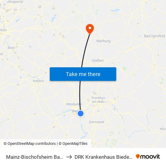 Mainz-Bischofsheim Bahnhof to DRK Krankenhaus Biedenkopf map