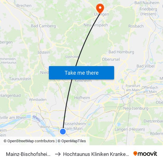 Mainz-Bischofsheim Bahnhof to Hochtaunus Kliniken Krankenhaus Usingen map