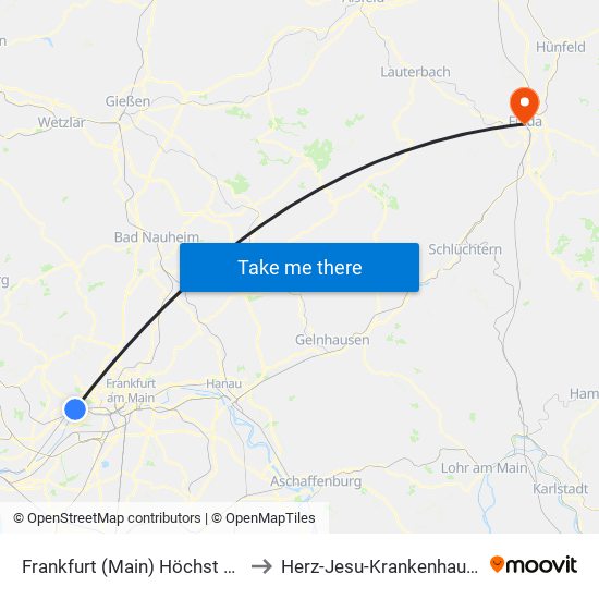 Frankfurt (Main) Höchst Bahnhof to Herz-Jesu-Krankenhaus Fulda map