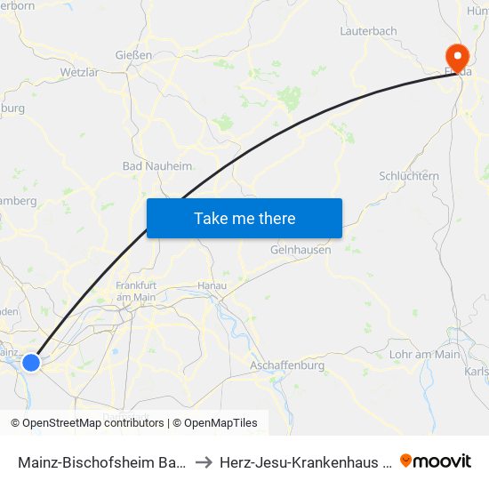 Mainz-Bischofsheim Bahnhof to Herz-Jesu-Krankenhaus Fulda map