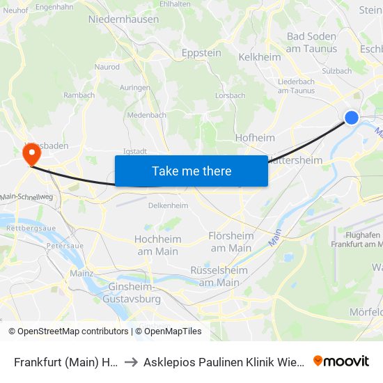 Frankfurt (Main) Höchst Bahnhof to Asklepios Paulinen Klinik Wiesbaden (Paulinenstift) map