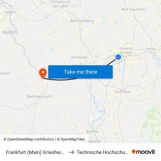 Frankfurt (Main) Griesheim Bahnhof to Technische Hochschule Bingen map