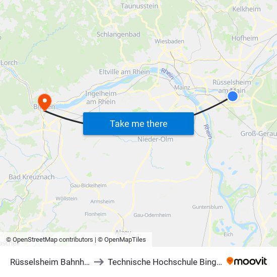 Rüsselsheim Bahnhof to Technische Hochschule Bingen map