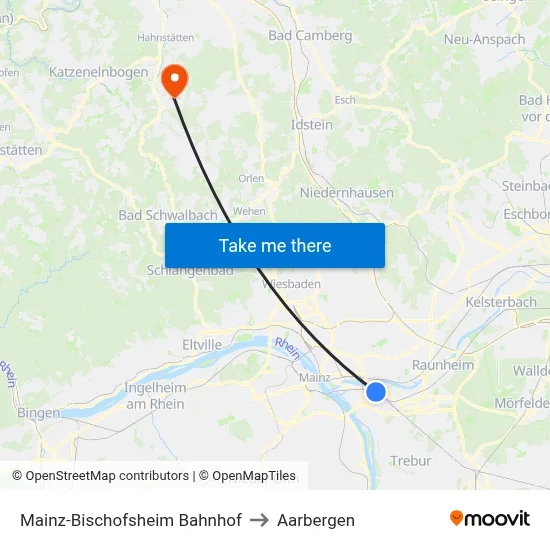 Mainz-Bischofsheim Bahnhof to Aarbergen map