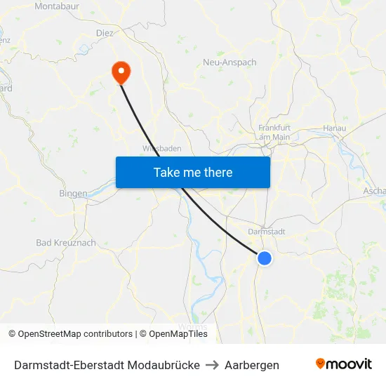 Darmstadt-Eberstadt Modaubrücke to Aarbergen map