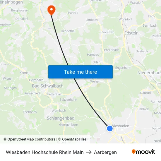 Wiesbaden Hochschule Rhein Main to Aarbergen map
