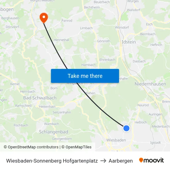 Wiesbaden-Sonnenberg Hofgartenplatz to Aarbergen map