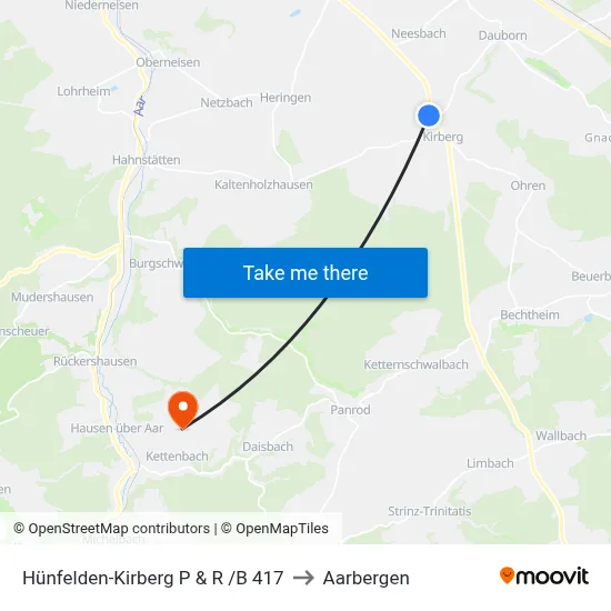 Hünfelden-Kirberg P & R /B 417 to Aarbergen map