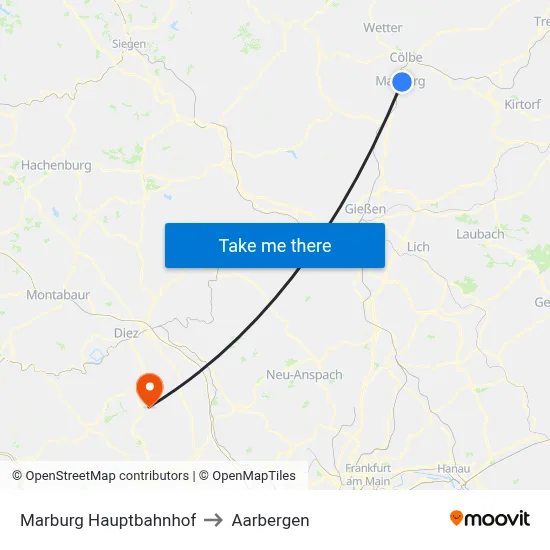 Marburg Hauptbahnhof to Aarbergen map