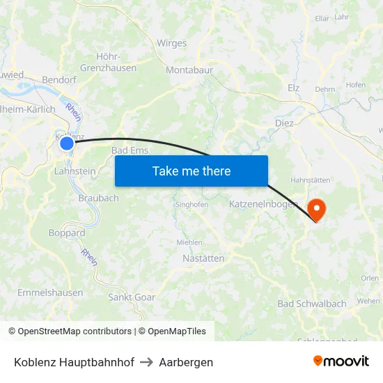 Koblenz Hauptbahnhof to Aarbergen map