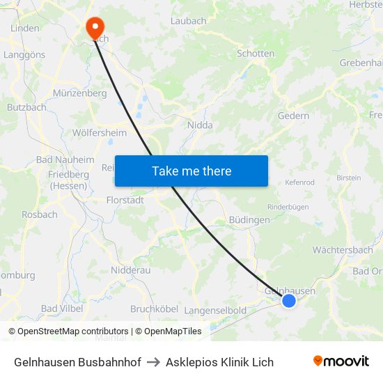 Gelnhausen Busbahnhof to Asklepios Klinik Lich map