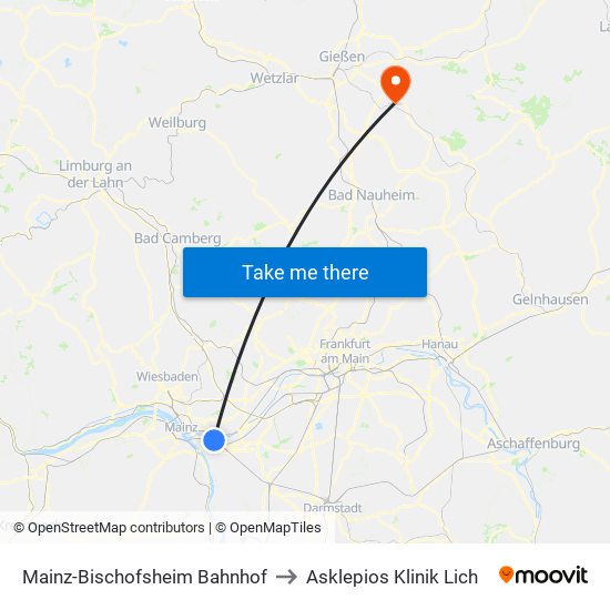 Mainz-Bischofsheim Bahnhof to Asklepios Klinik Lich map