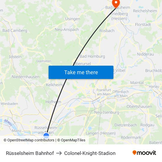 Rüsselsheim Bahnhof to Colonel-Knight-Stadion map