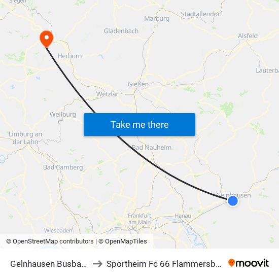 Gelnhausen Busbahnhof to Sportheim Fc 66 Flammersbach E.V. map