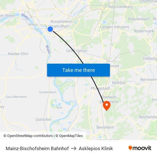 Mainz-Bischofsheim Bahnhof to Asklepios Klinik map