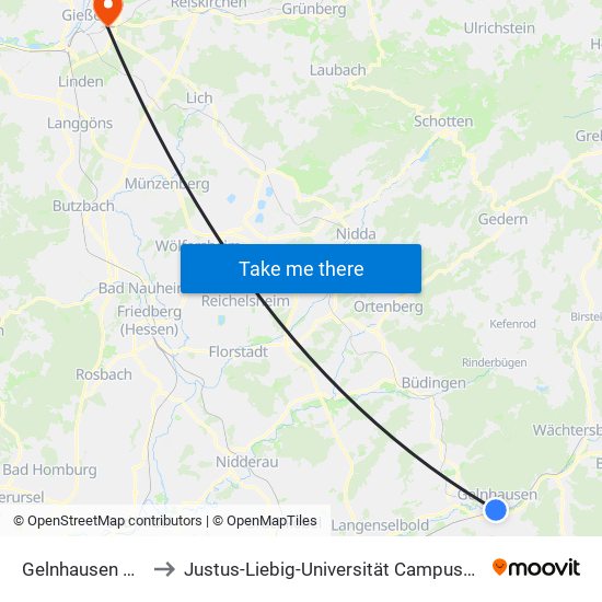 Gelnhausen Busbahnhof to Justus-Liebig-Universität Campusbereich Sport / Kugelberg map