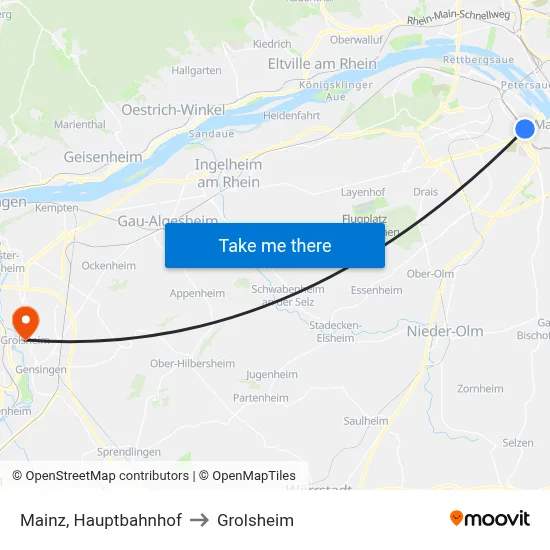 Mainz, Hauptbahnhof to Grolsheim map