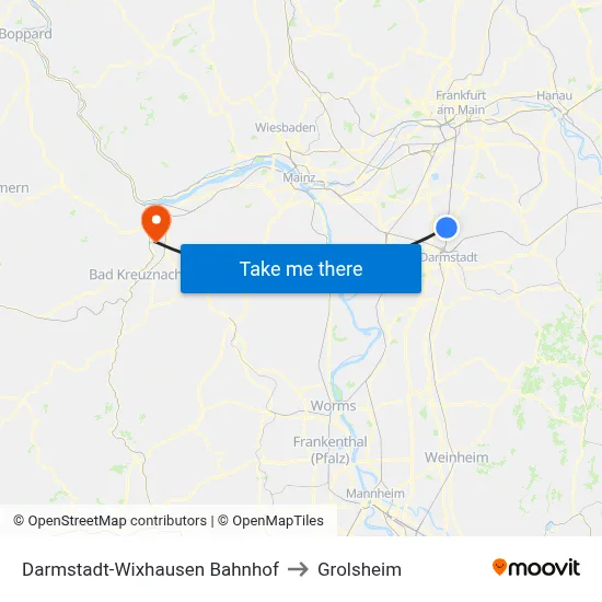 Darmstadt-Wixhausen Bahnhof to Grolsheim map