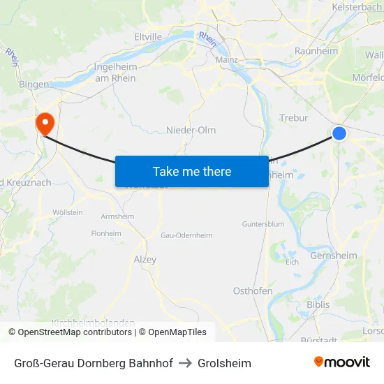 Groß-Gerau Dornberg Bahnhof to Grolsheim map