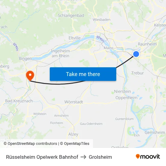 Rüsselsheim Opelwerk Bahnhof to Grolsheim map
