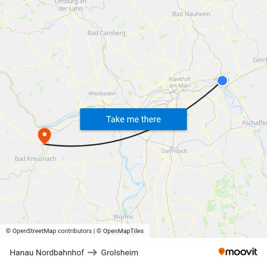 Hanau Nordbahnhof to Grolsheim map