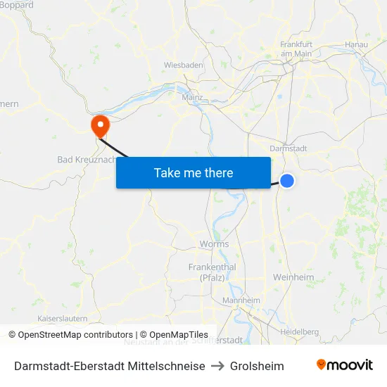 Darmstadt-Eberstadt Mittelschneise to Grolsheim map