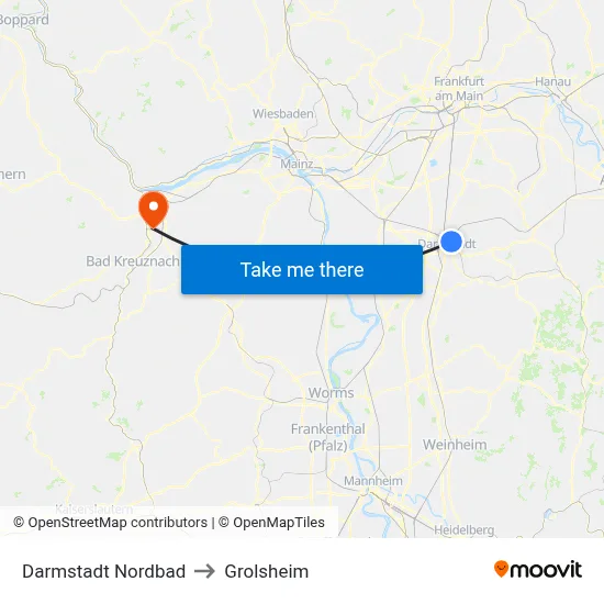 Darmstadt Nordbad to Grolsheim map