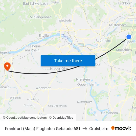 Frankfurt (Main) Flughafen Gebäude 681 to Grolsheim map