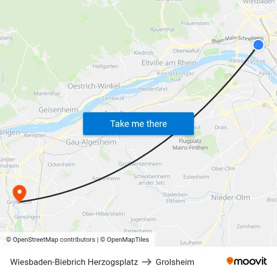 Wiesbaden-Biebrich Herzogsplatz to Grolsheim map