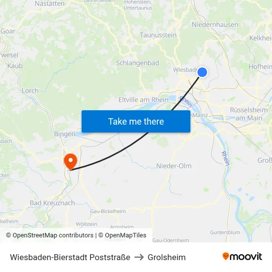 Wiesbaden-Bierstadt Poststraße to Grolsheim map