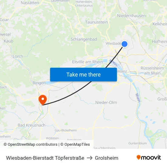 Wiesbaden-Bierstadt Töpferstraße to Grolsheim map