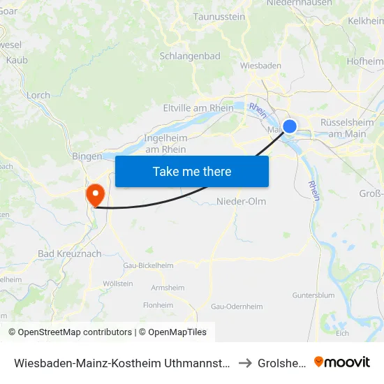 Wiesbaden-Mainz-Kostheim Uthmannstraße to Grolsheim map