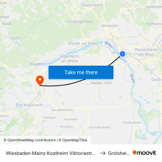Wiesbaden-Mainz-Kostheim Viktoriastraße to Grolsheim map