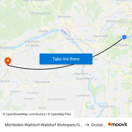 Mörfelden-Walldorf-Walldorf Wohnpark/Gedenkstätte to Grolsheim map