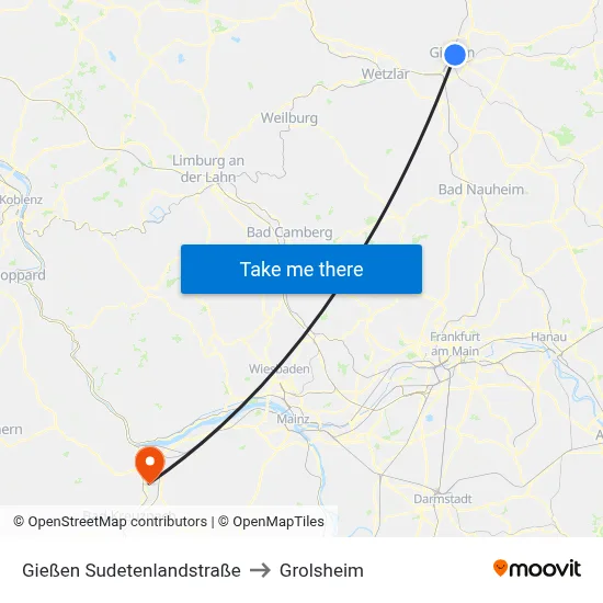 Gießen Sudetenlandstraße to Grolsheim map