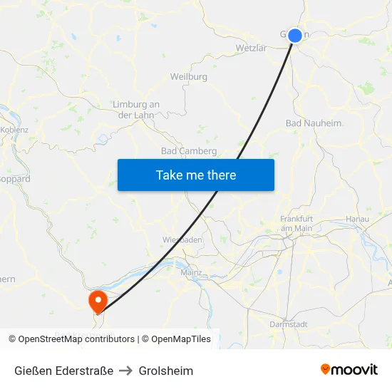 Gießen Ederstraße to Grolsheim map